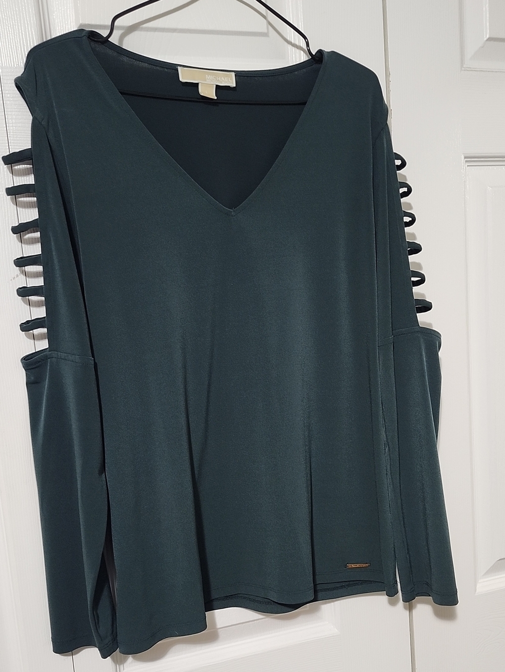 MICHAEL Michael Kors Deep Teal V-Neck Long Sleeve Top with Ladder Cutouts